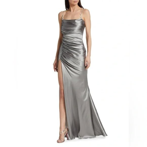MACH & MACH Women's Bow-Embellished 100/% Silk Gown - Grey Size 8 - Picture 1 of 6